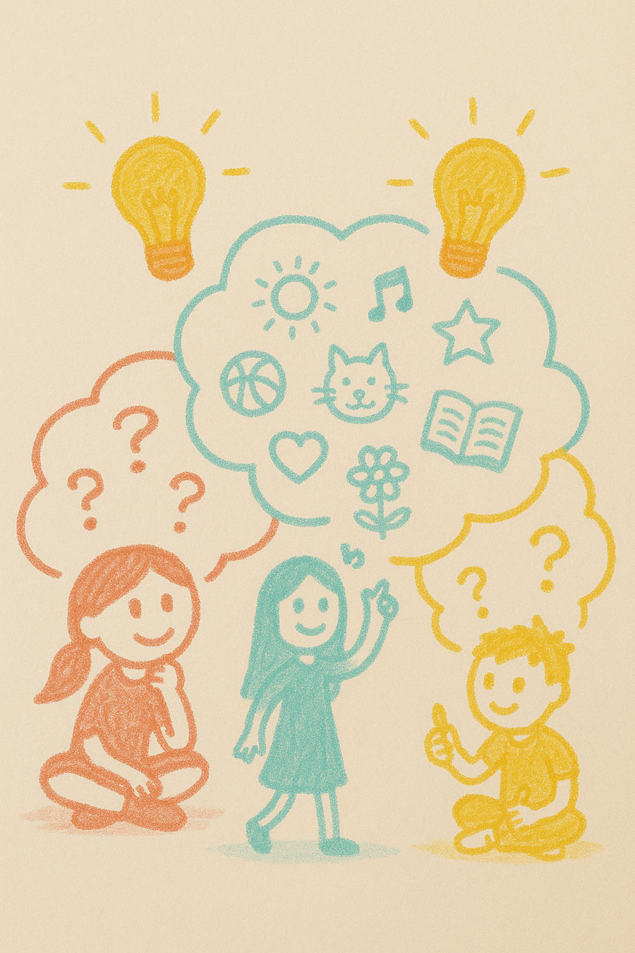 A crayon drawing of three children, each with a thought bubble: question marks, and one full of ideas like a sun, music, a star, a cat and a book.