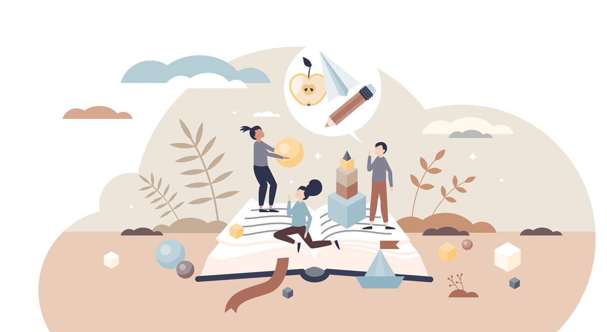 Children on a giant open book, a speech bubble above them with an apple, a paper plane and a pencil
