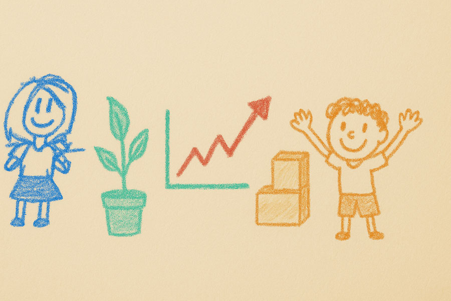 A crayon drawing of a child, a growing plant, a rising arrow chart and a child cheering beside stacked blocks.