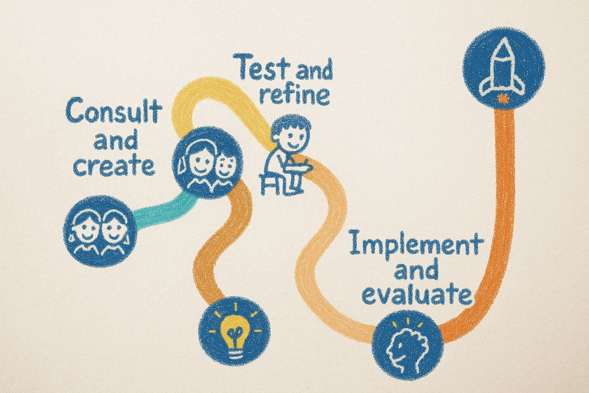 A crayon-drawn winding path from 'Consult and create' through 'Test and refine' to 'Implement and evaluate', ending in a rocket.